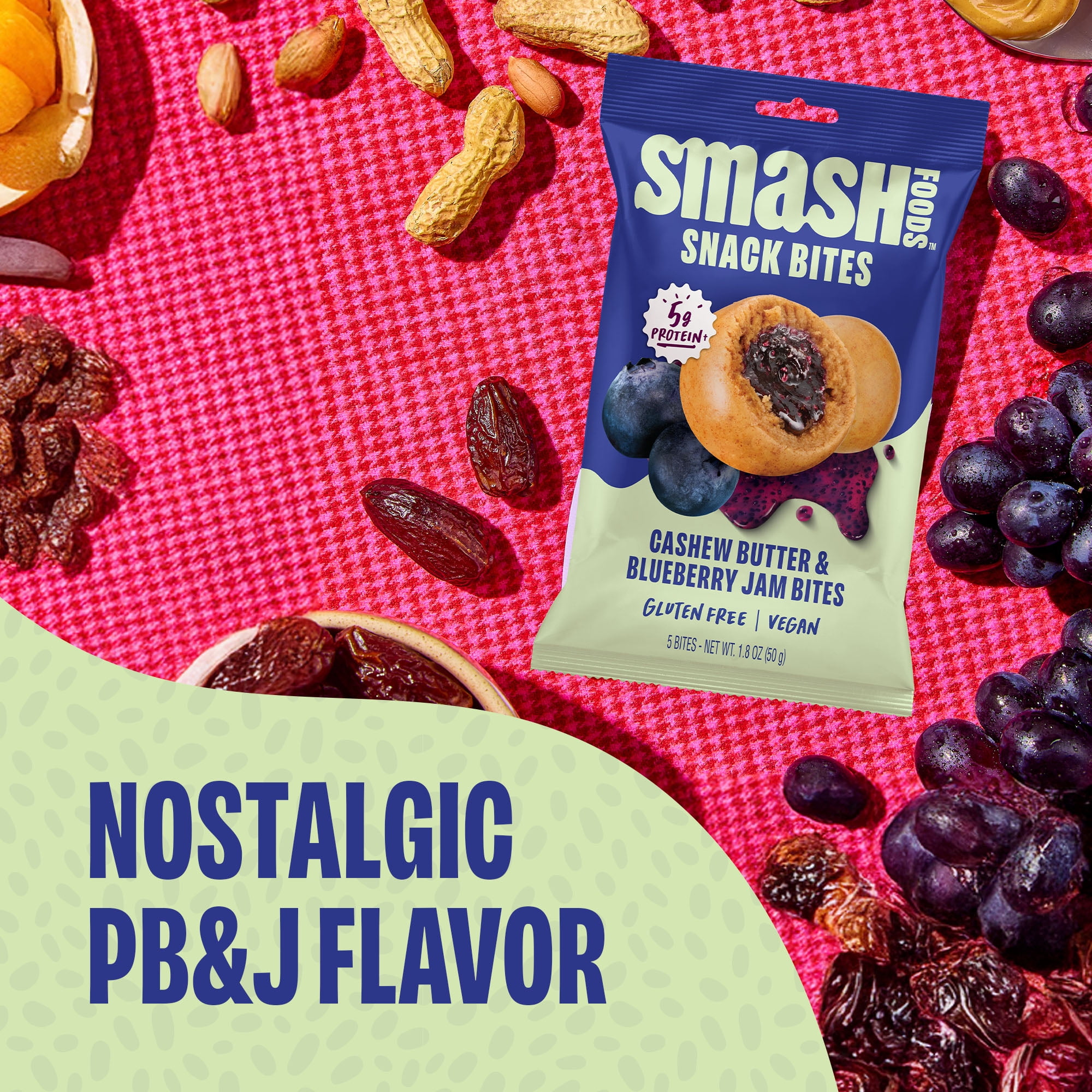 Smash Foods Gluten-Free Vegan Snack Bites (Blueberry), Protein & Energy, 8-Pack
