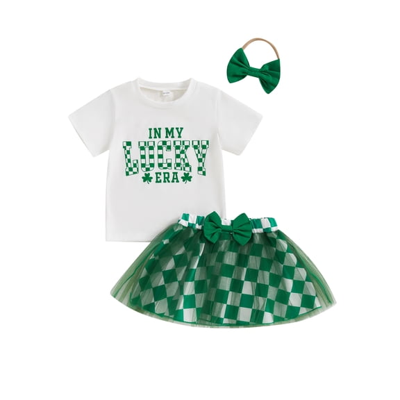 Kids Baby Girls Skirt Clothing Set, 6 12 18 24 Months 2T 3T 4T Short Sleeve Letters Print T-shirt with Plaid Tulle Skirt Headband Summer Outfit