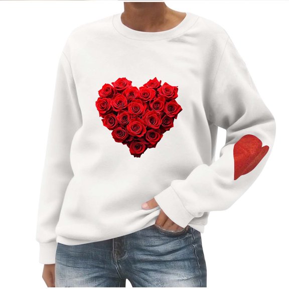 Felirenzacia Big and Tall Women’s Valentine Pullover Sweet Heart Design Cozy Casual Everyday Top, White,S