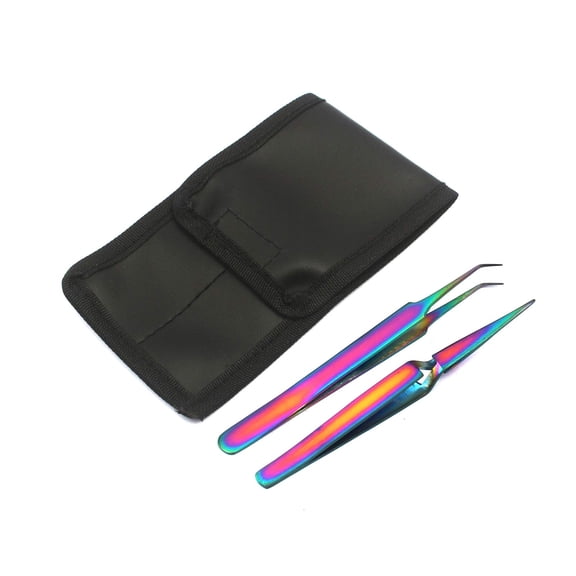 OdontoMed2011® Set of 2 Stainless Steel Multi Titanium Rainbow Color 3d Eyelash Extension Tweezers Pro Straight Angled   X Type Self Retracting Fine Point Jewelry-making, Laboratory Work