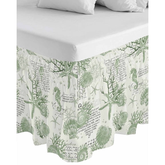 Sage Green Coastal Wrap Around Bed Skirts for King Bed 16" Drop,Bed Skirt with Adjustable Elastic Belt Dust Ruffle Bed Valance for Bedroom Hotel Luxury Coral Starfish Nautical Compass Bed Frame Cover