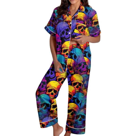 Halloween Pajamas Halloween Pumpkin Print Plus Size Wide Leg Button Pajamas for Women Set