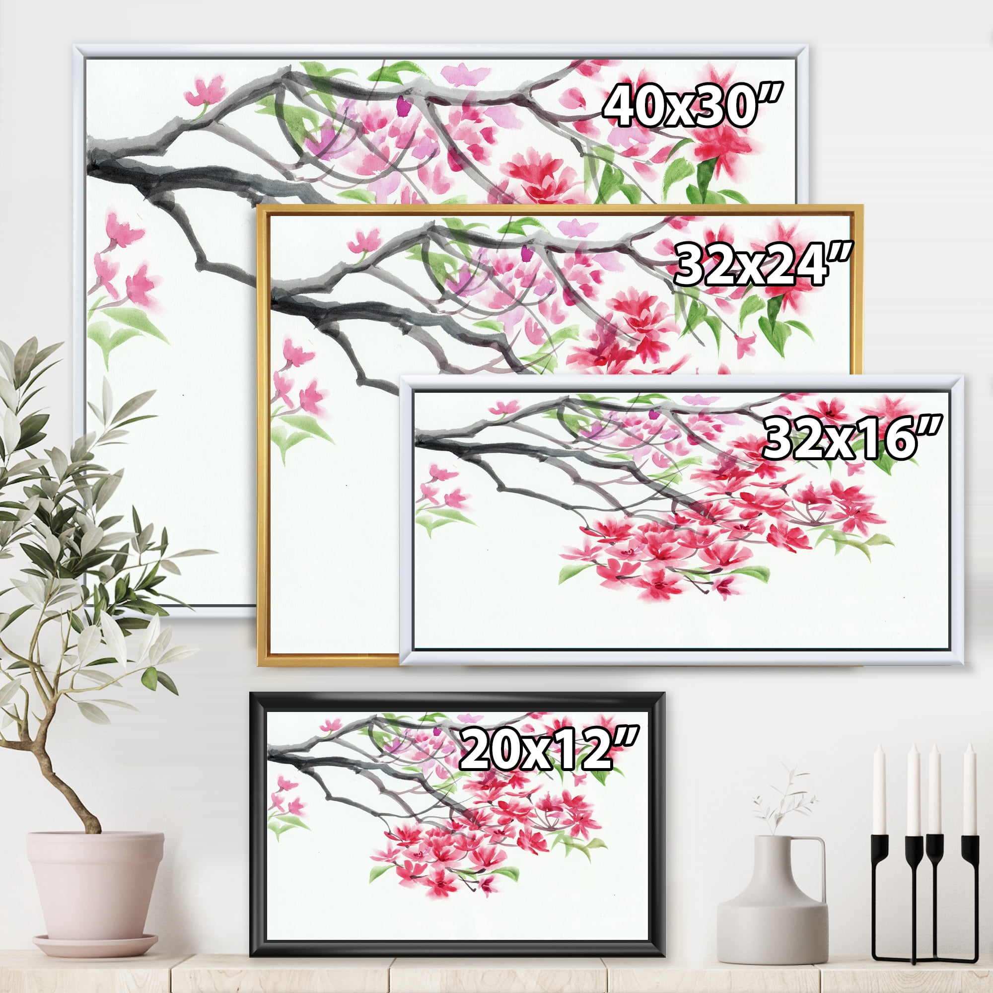 Designart 'Red Blossoming Tree On White' Traditional Framed Canvas Wall Art Print