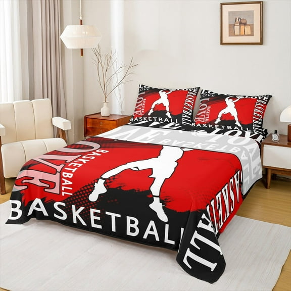 Manfei Basketball Sport Twin Sheet Sets,Ball Game Player Twin Fitted Sheet,Red Black White Flat Sheet For Kids Boys,Super Cozy Room Decorative,3 Pieces