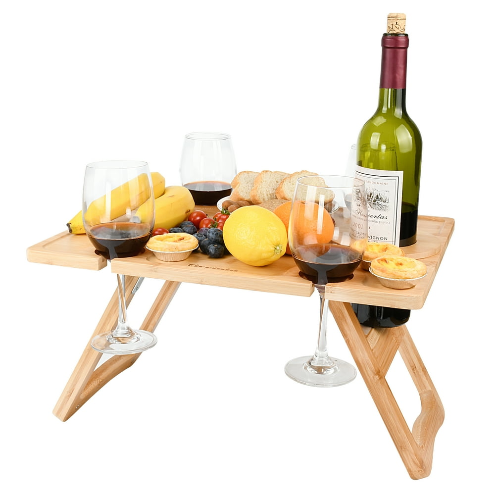 Kato Outdoor Wine Picnic Table, Folding Portable Bamboo Camping Table