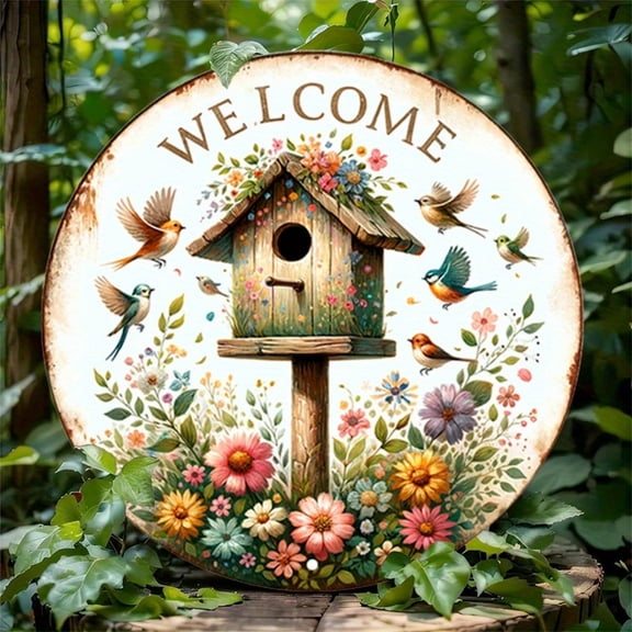 HELLOYOUNG Vintage Metal Bird Wall Decor, Rustic Round Floral Garden Art Sign, Aluminium Outdoor Home Decoration, Farmhouse Porch Yard Gift