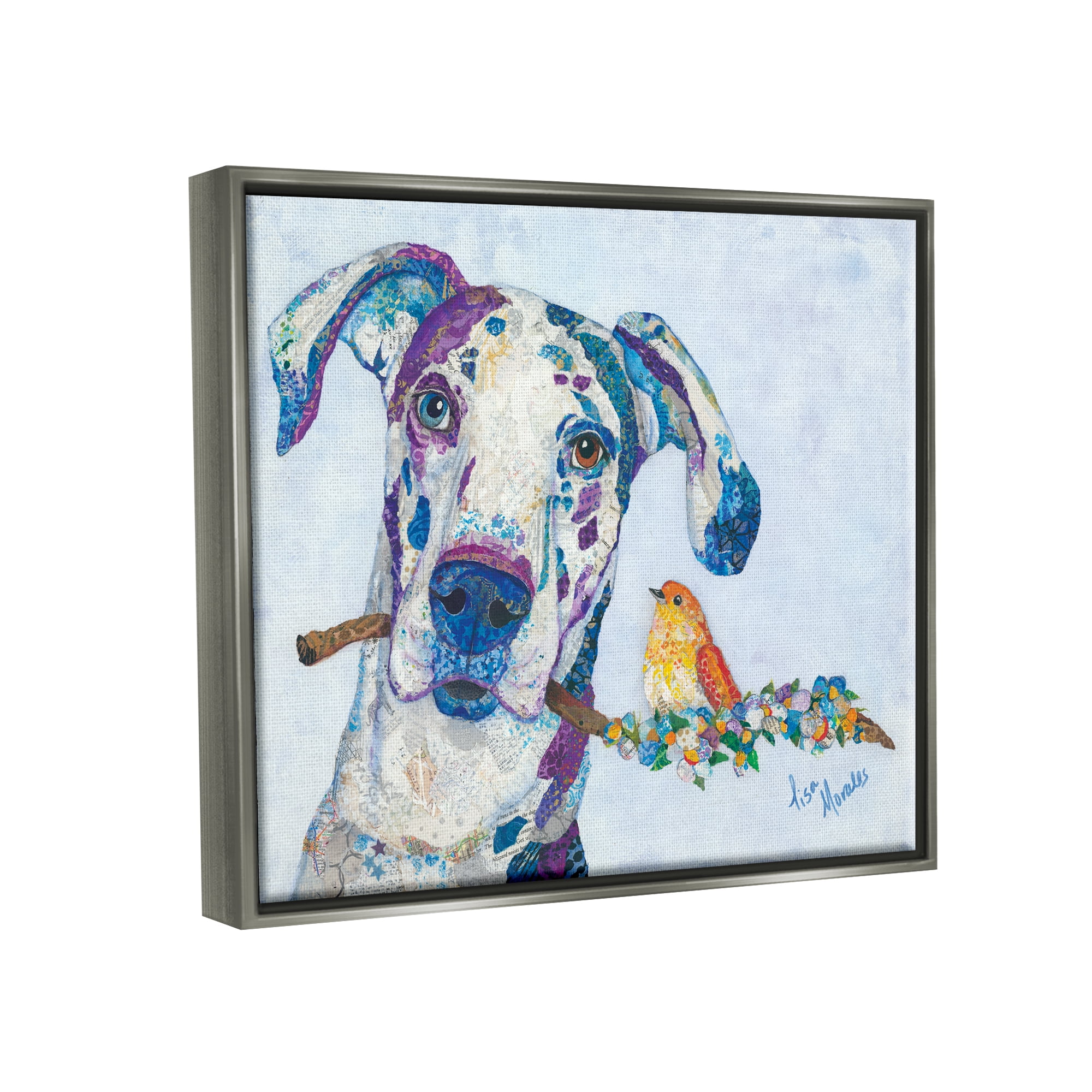 Stupell Industries Dane & Songbird Perched Branch Floral Dog Collage Painting Luster Gray Floating Framed Canvas Print Wall Art, Design by Lisa Morales