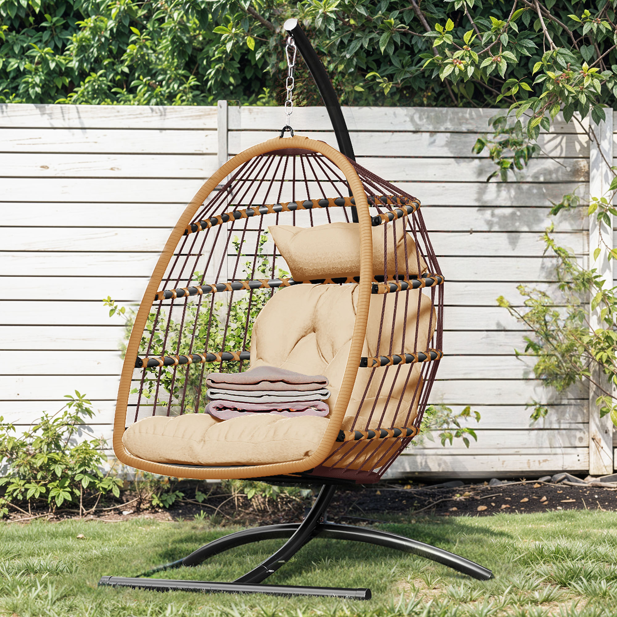 Uforic Hanging Egg Chair with Stand & Cushion, Swing Design, 330 Lbs for Indoor/Outdoor, Brown