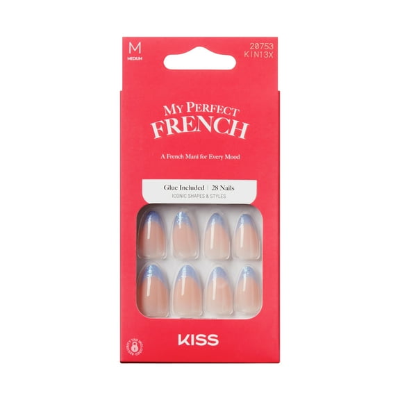 KISS My Perfect French Press on Nails, Get U, Blue, Medium Almond, 28 Count