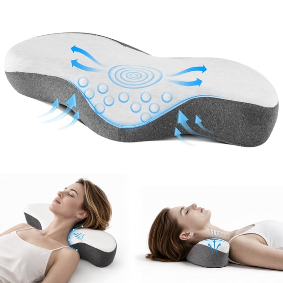 MOONORAH Cervical Neck Pillow for Pain Relief Sleeping, Memory Foam Roll Pillow for Neck Support and Shoulder Relaxer, Orthopedic Decompression Pillow for Bed Office - Gray White