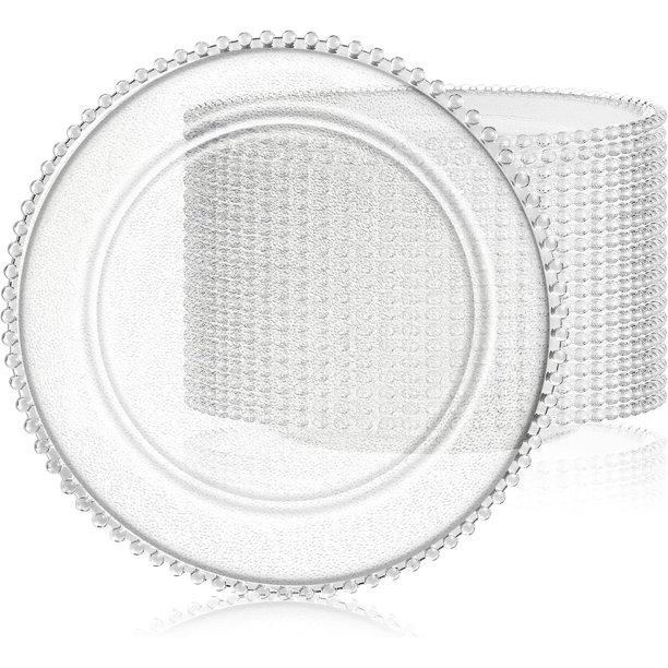 Paquete de 12 platos de carga transparentes a granel de plástico redondo de 13 pulgadas con abalorio redondas de acrílico de grano esmerilado, platos de servicio decorativos para bodas