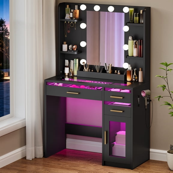 ELYKEN 35.4"W Makeup Vanity Desk with Power, Mirror&Lights, Black