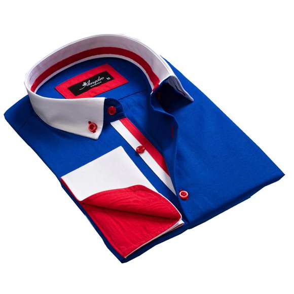 Amedeo Exclusive Chemises Habillées Ajustées pour Hommes Bleu Blanc Rouge avec Poignets Français et Trous pour Boutons de Manchette - Décontracté et Formel, Moyen