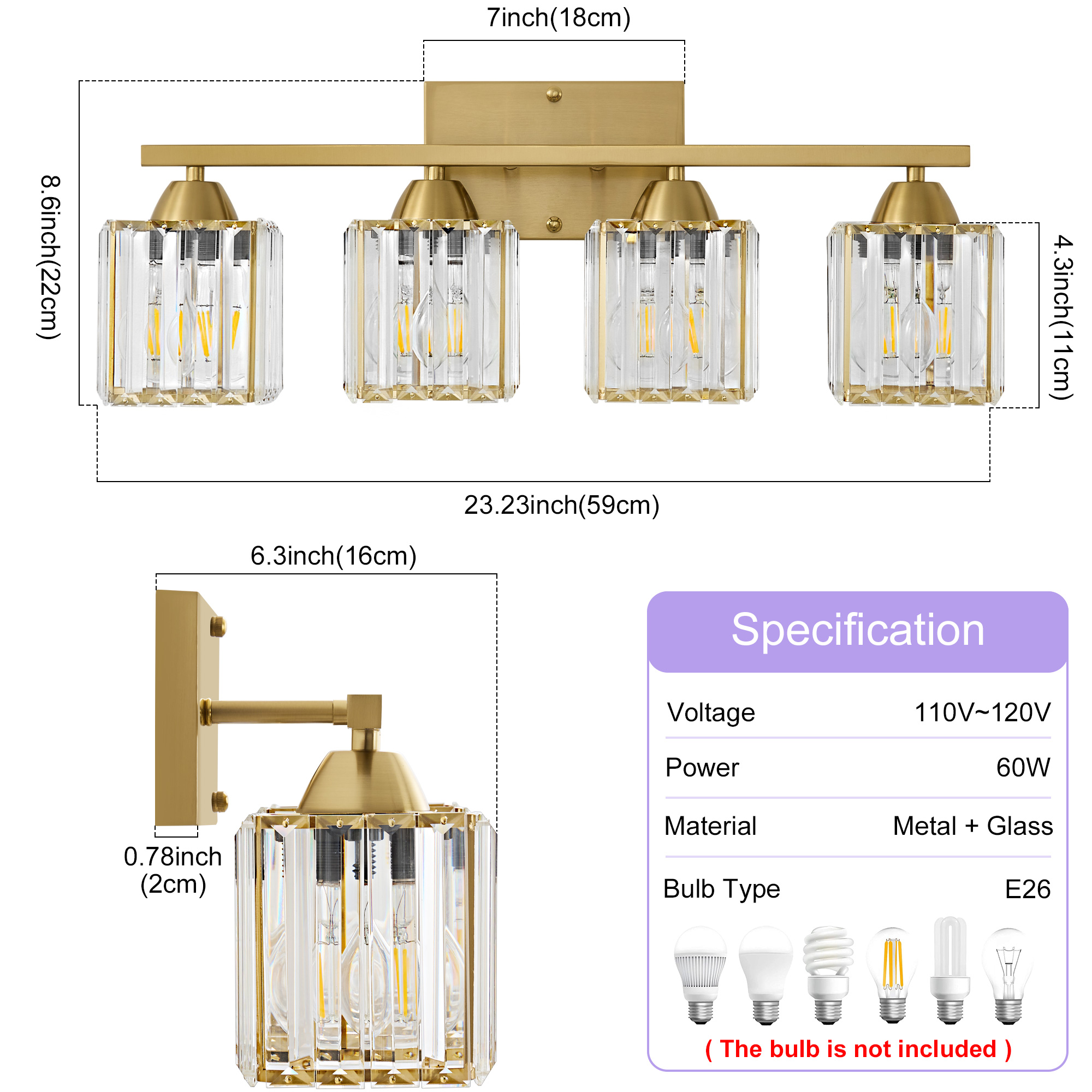 Deyidn 23.23" Modern Gold Vanity Light, 4-Light Dimmable Bathroom Light Fixture with Square Crystal Shades, for Mirror Lighting, Bathroom Wall Sconce