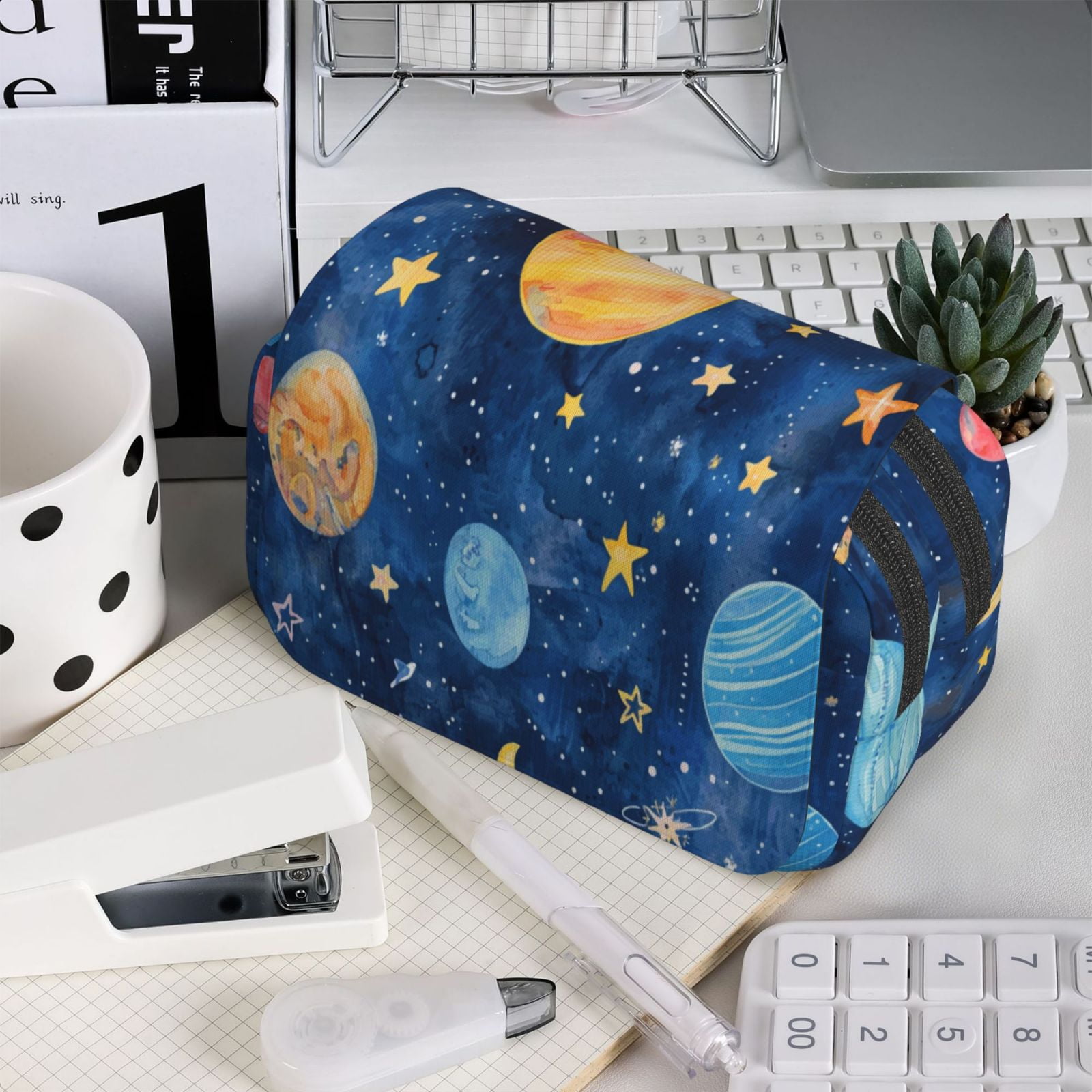 Rateoe Planets And Stars1 Pattern Double Clamshell Pen Case, Storage Organizer with Two Zipper Compartments– Holds Up to 50 Pencils & Pens