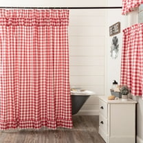 VHC Brands Annie Buffalo Check Cotton Farmhouse Bath Rod Pocket Button Holes Hooks Shower Curtain, Red Country