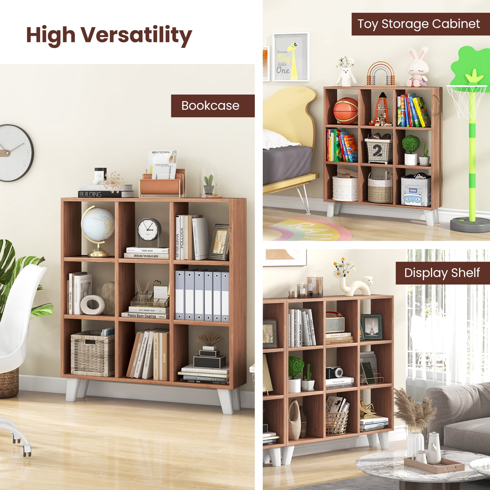 Topbuy 9-Cube Open Bookcase 3-Tier Floor Standing Bookshelf with 4 Slanted Legs 6 Removable Shelves Brown