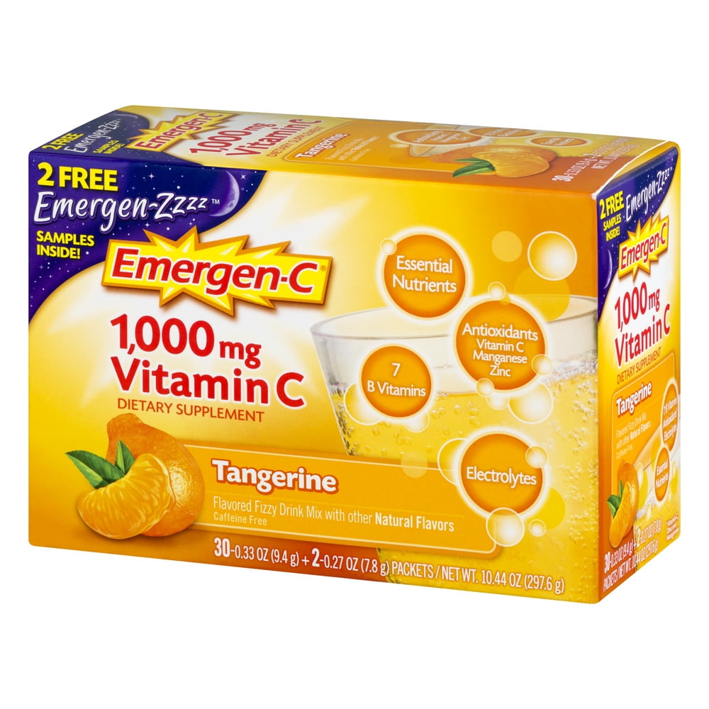 Emergen-C + 2 Bonus Emergen-Z (30 Count, Tangerine Flavor) Dietary Supplement Fizzy Drink Mix with 1000 mg Vitamin C, 0.33 Ounce Packets, 2 Emergen-Zzzz Samples Included, Caffeine Free