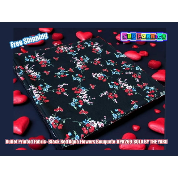 Bullet Knit Printed Fabric-Black Red Flowers-BPR269-Sold by the Yard