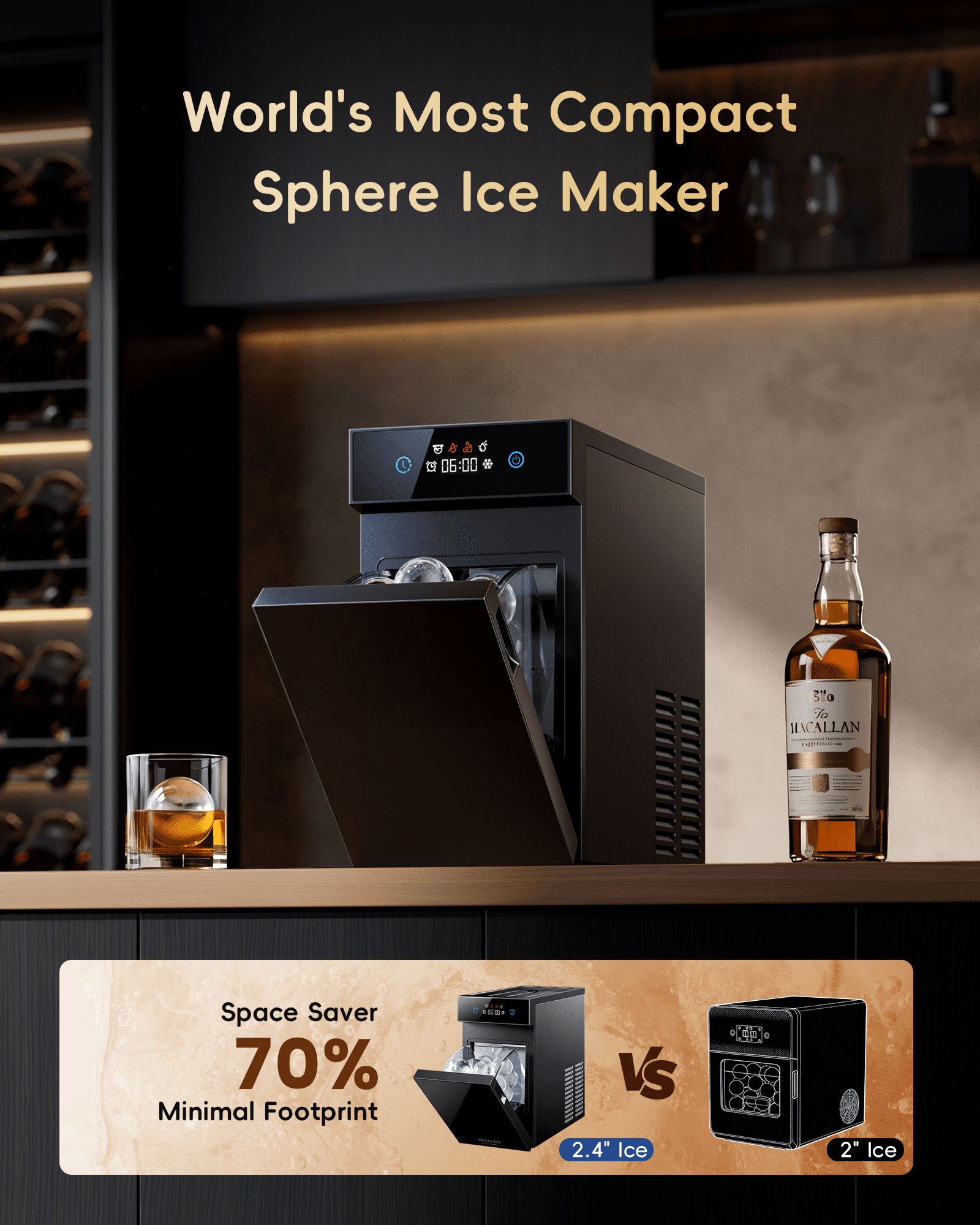 Ecozy Chillio 2.4" Crystal Clear Ice Ball Maker with CrystalFlux Technology, Compact Sphere Ice Machine with 8H Timer, Makes 1 Ball in 40 Mins, Up to 32 Balls/Day, Self-Cleaning Design for Home Bar