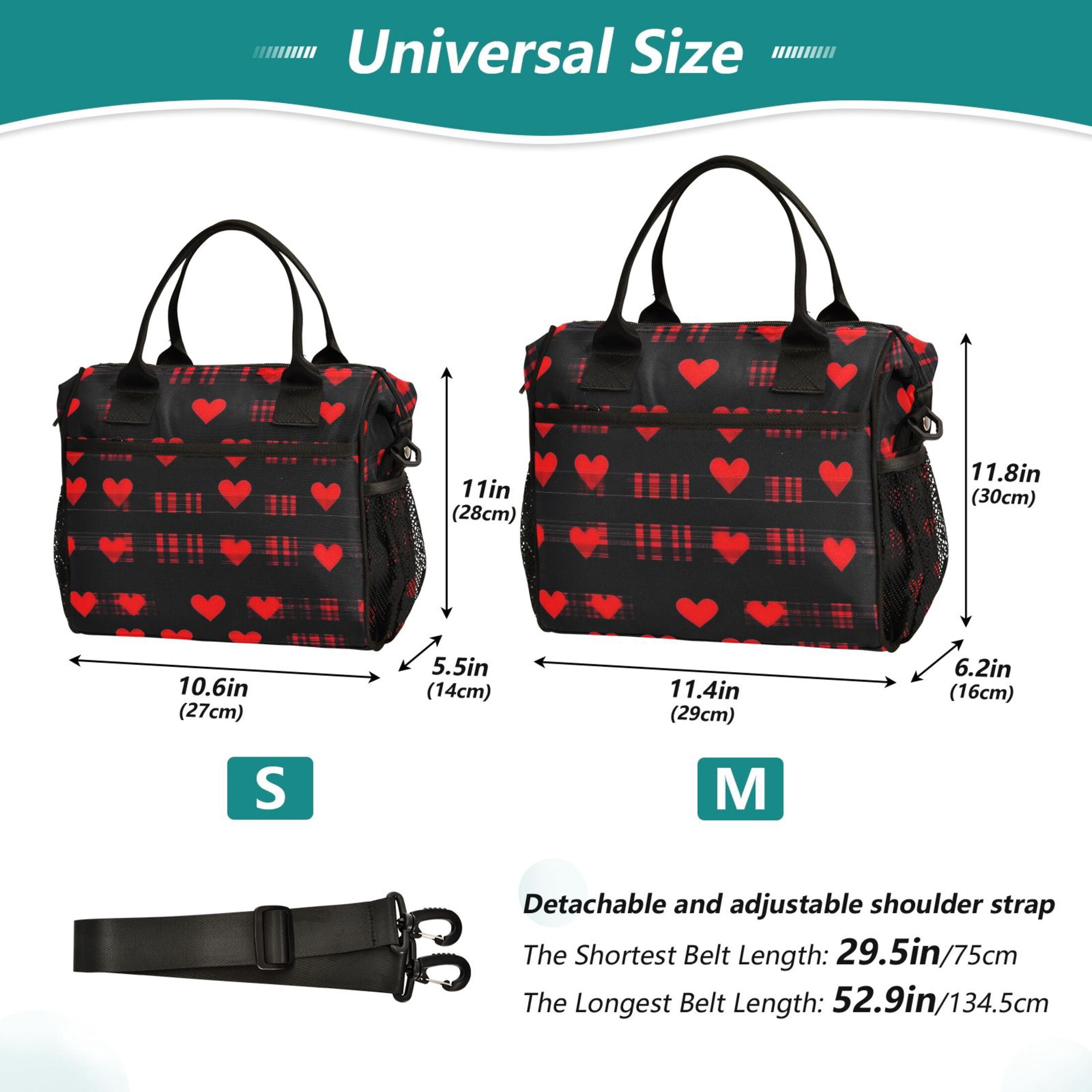 ALAZA Hearts Valentine's Day Insulated Lunch Bag Reusable Tote Box Adjustable Shoulder Strap for Work Picnic