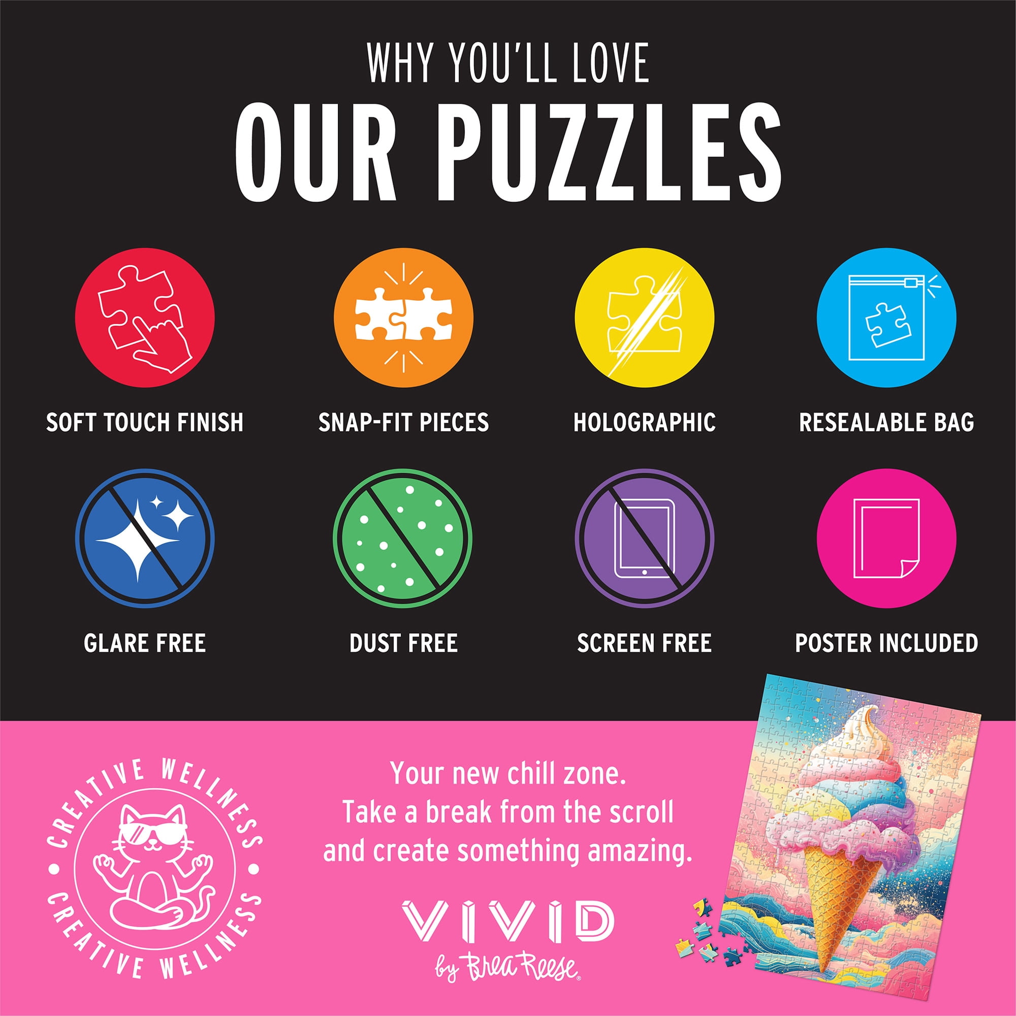 Vivid by Brea Reese: 300 Piece Puzzle - Ice Cream - Pastel Dessert Cloud Sky Scene Jigsaw, Holographic Foil, Soft-Touch Pieces, Image Reference Poster