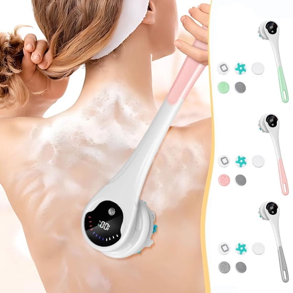 Outoloxit Rechargeable Electric Shower Brush with Long Handle and 5 Brush Heads, Waterproof Rotating Body Scrubber for Deep Cleansing, Exfoliating and Massaging