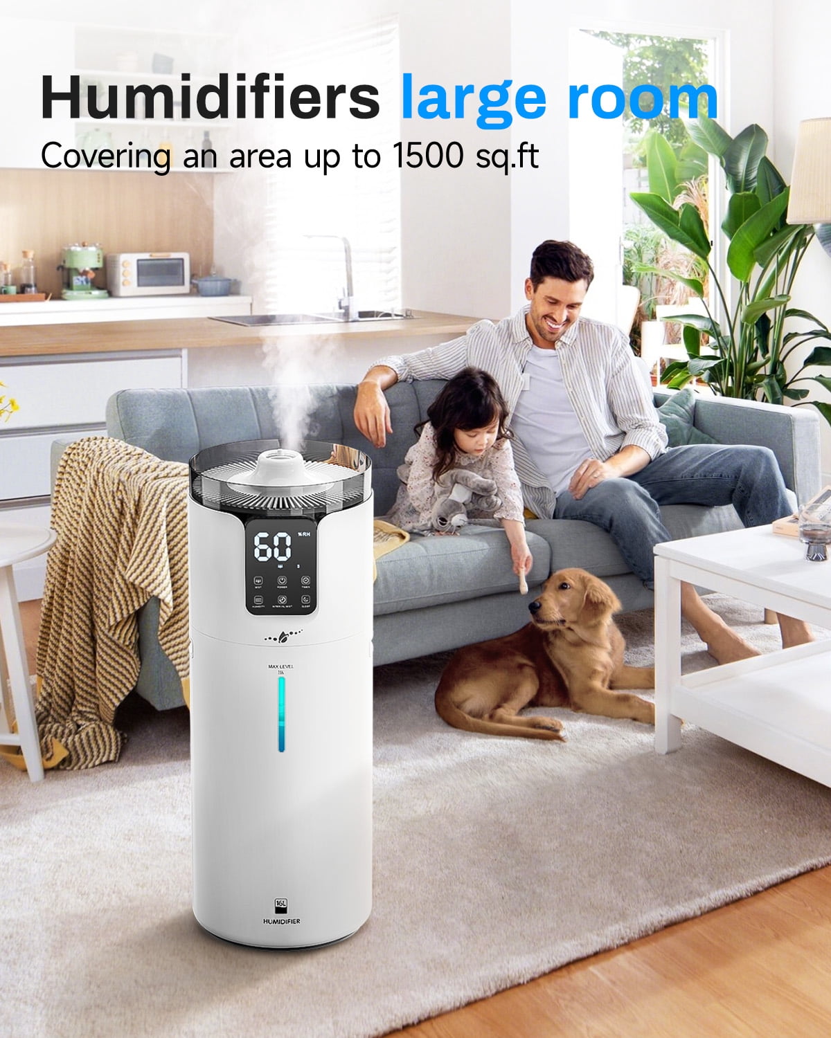 Large Room Humidifier 4.2gal for Home Bedroom, Whole House Top Fill Cool Mist Humidifier with Touch & Remote Control, Lacidoll
