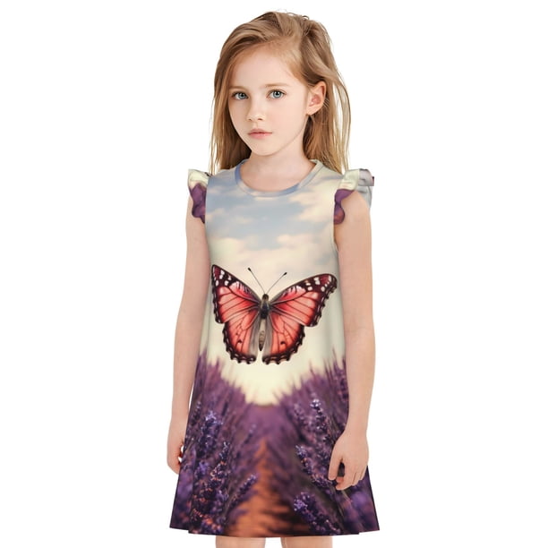 Fotbe Butterfly Over Lavender Vestido de Dormir para Niñas de 3 a 10 Años, Mangas Cortas, Estilo Princesa, Pijama Camisón con Mangas Voladas-XX-Large
