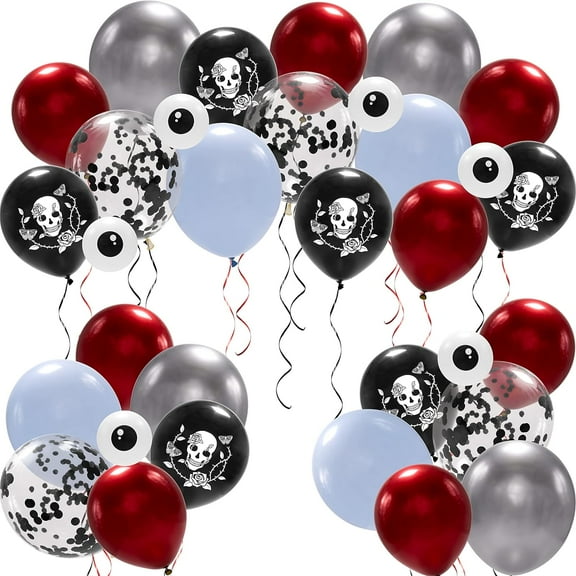 Cheerland Halloween Decorations Double Layered Balloons Rose Skull Set, 34 Pcs, Red