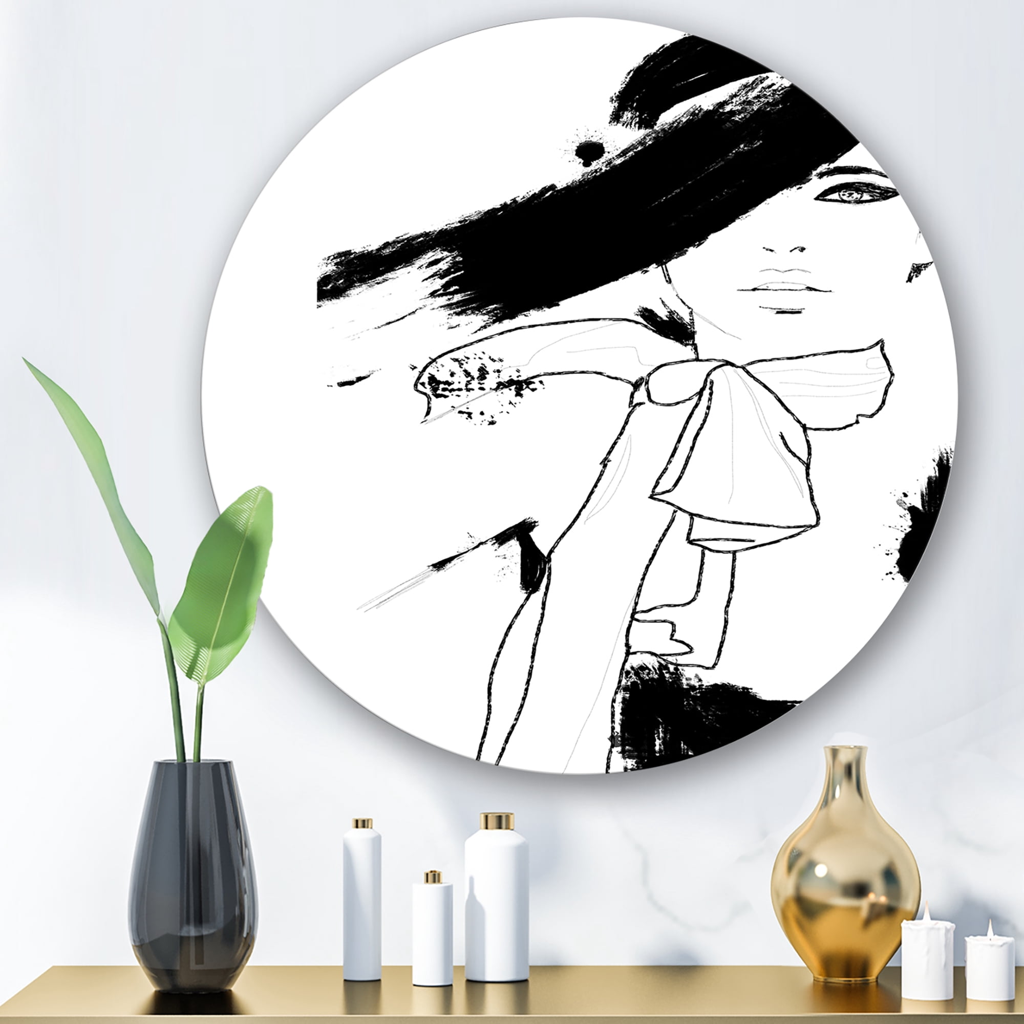 Designart 'Beautiful Black and White Model Haute Couture Fashion Woman I' Modern Circle Metal Wall Art 23x23 - Disc of 23