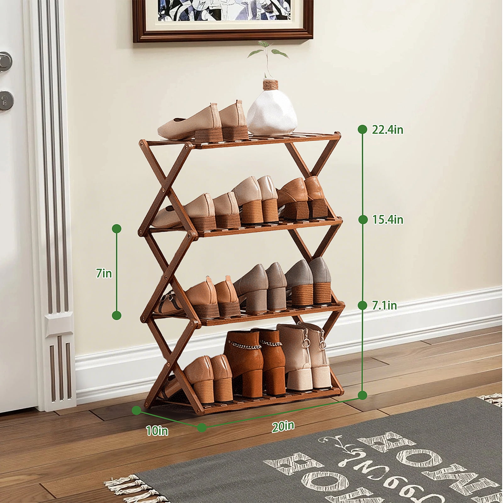 HDUTNGISN 4 Tier Foldable Bamboo Shoe Rack,Tool Free Setup Shoe Organizer, 20x10x22in Entryway Storage,Tawney