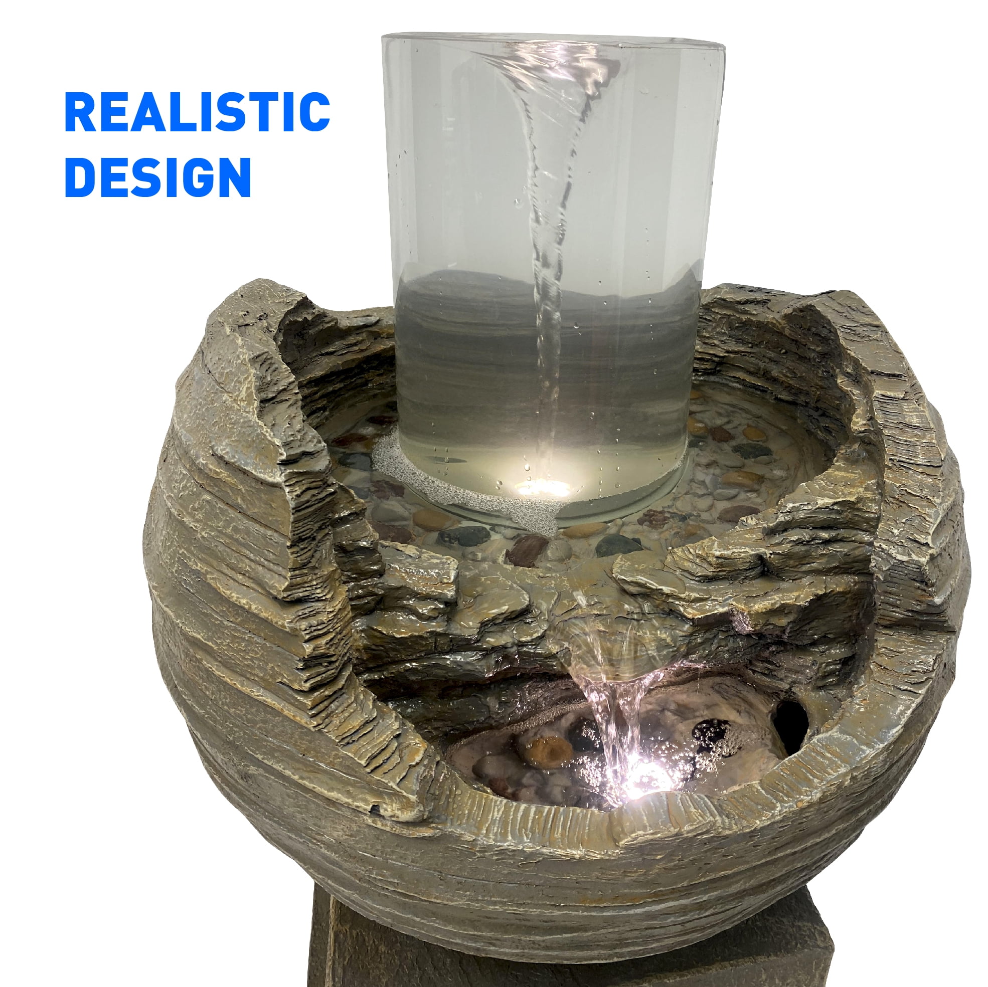 Vortex Rock Water Fountain with 6 LED Lights –Fiberglass Resin – Outdoor or Indoor Use – 2 Lights - Large 36” Tall X 21” Wide