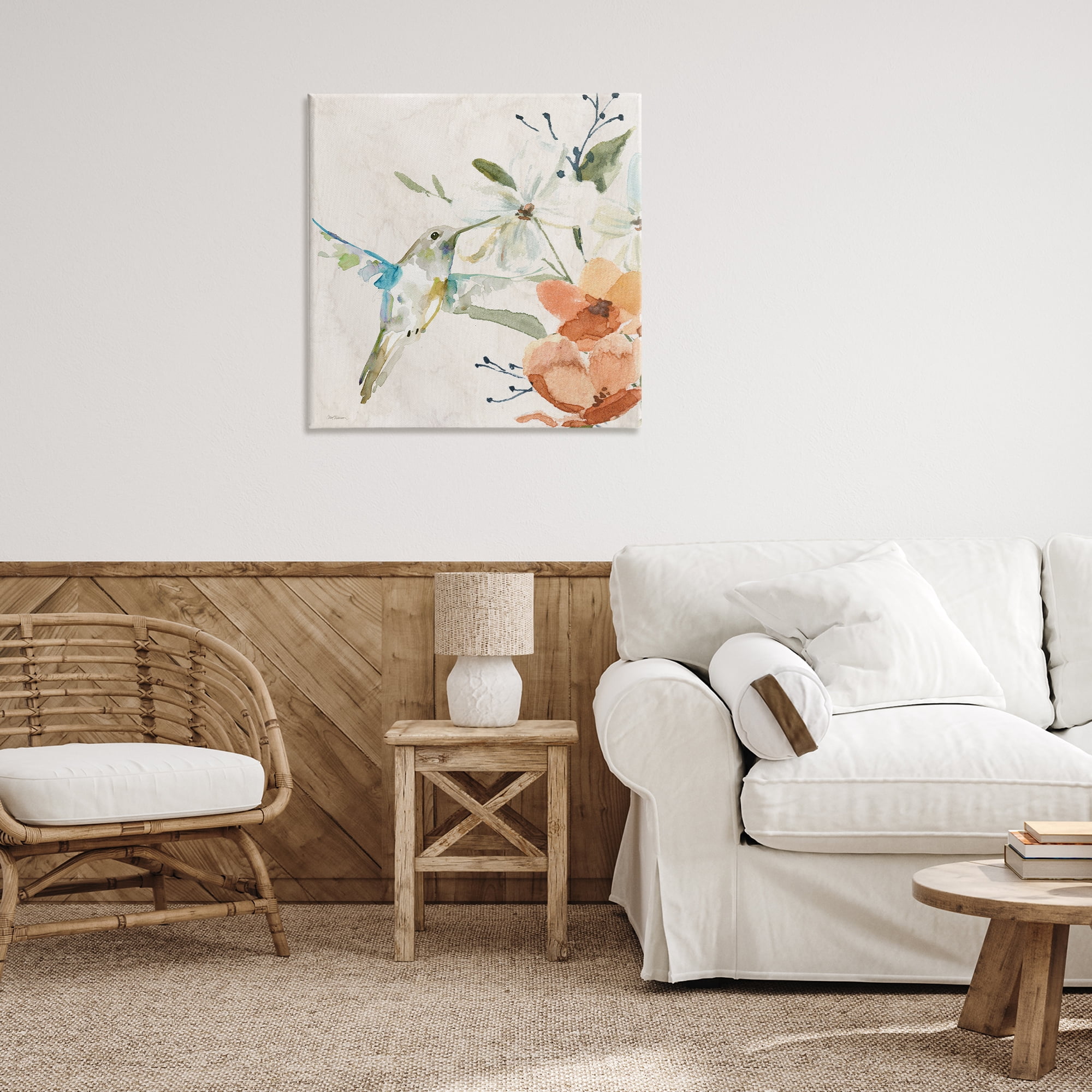 Stupell Industries Soft Florals & Hummingbird Plants & Flowers Painting Wrapped Canvas Art Print Wall Art, 30 x 30