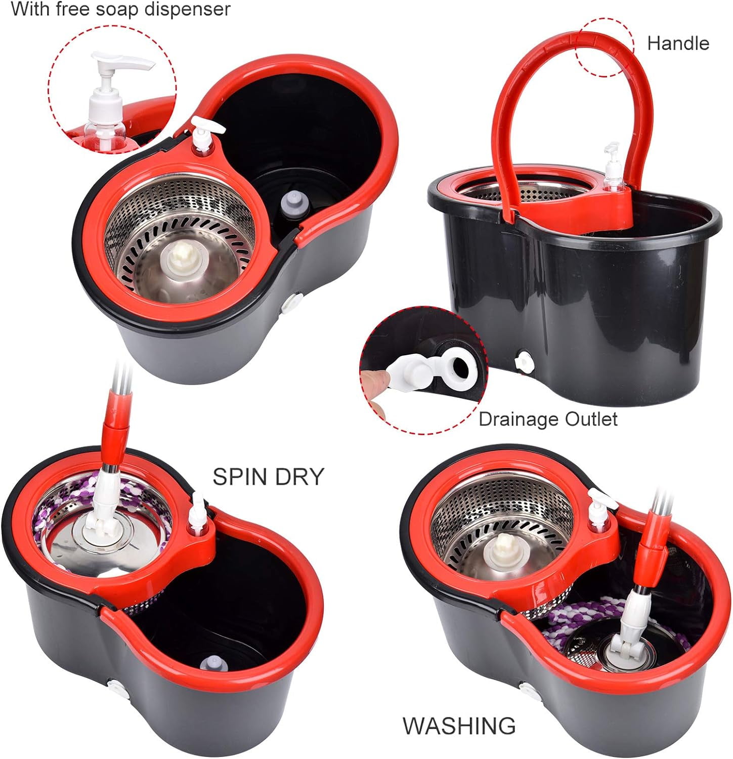 Spin Mop and Bucket with Wringer Set, 360 Spinning Mop Bucket System with 3 Microfiber Mop Replacement Heads and 61" Stainless Steel Adjustable Handle for Floor Cleaning (20QT)