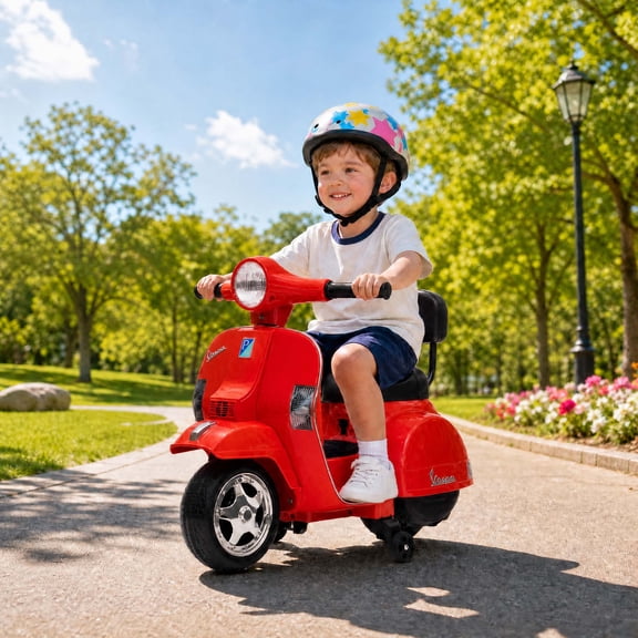 TEREDNAT Officially Licensed Vespa 6V Kids Electric Ride-On Scooter, 4-Wheel Motorcycle with Headlight and Backrest, Red