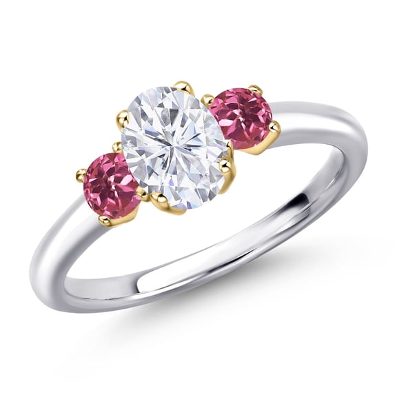 Gem Stone King 925 Silver and 10K Yellow Gold White Moissanite and Pink Tourmaline Engagement Ring for Women | 1.20 Cttw | Oval 7X5MM | Gemstone Birthstone | Size 7