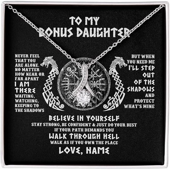 Bonus Daughter Gift Necklace from Bonus Father, Necklace To My Beautiful Bonus Daughter, Necklace for Step Daughter from Step Father with Message Card and Gift Box
