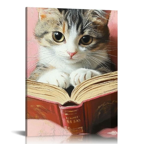 FCXZI Vintage Cat In Bed Canvas Wall Art Funny Cute Cats Reading Books Retro Pink Girls Room Pet Animal Aesthetic Prints Painting For Home Bedroom Kids Room Dorm Wall Decor Canvas painting 12x16in
