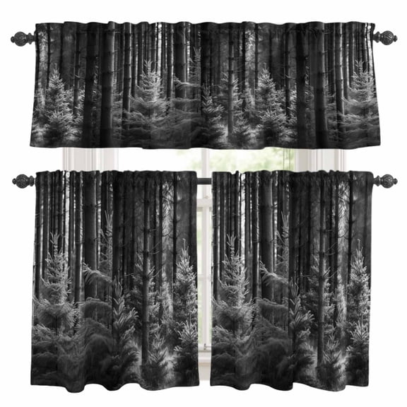 Grey Forest Kitchen Curtains Sets for Windows 36 Inch Length, Mysterious Primitive Forest Pine Tree Rod Pocket Window Treatments Tier Curtains and Valances Set for Bedroom/Bathroom