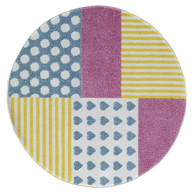 LR Resources WHIMS81282CRD48RD Whimsical Patchwork Indoor Round Area Rug - Cream & Yellow
