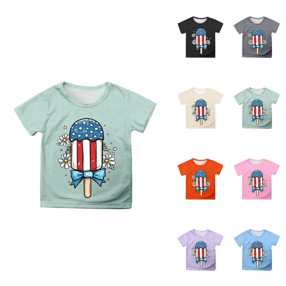 Girls' Short Sleeve Cotton Tee with American Flag & Bow Print – 4th of July Independence Day Casual Top, Round Neck Blouse for Everyday Wear & Party Outfits (2-12 Years)