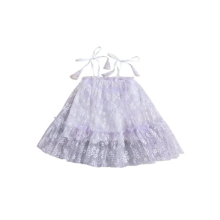 

Baby Girl Dress Lacing Spaghetti Straps Flower Print Mesh Patchwork Dress for Daily Party