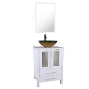 Eclife 24" Classical Bathroom Vanity Vessel Sink Set with Oil Rubbed Bronze Faucet and Mirror MDF White Vanity and Tea Green Round Tempered Glass Sink & Solid Brass Pop Up Drain Combo