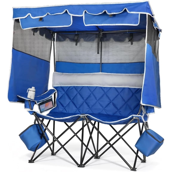 PNKKODW Double Camping Chair with Canopy, Oversized loveseat with Umbrella, 2 Cooler Bag & Cup Holders for Camping Beach Fishing, Supports 660lbs, Blue Gray