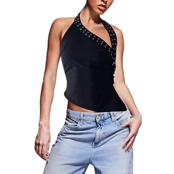 Womens Tank Tops Summer Camisole Party Slim Fit Tops Halter Neck Sleeveless Solid Color Clothes Casual Soft Holiday Everyday Wear,Black,L