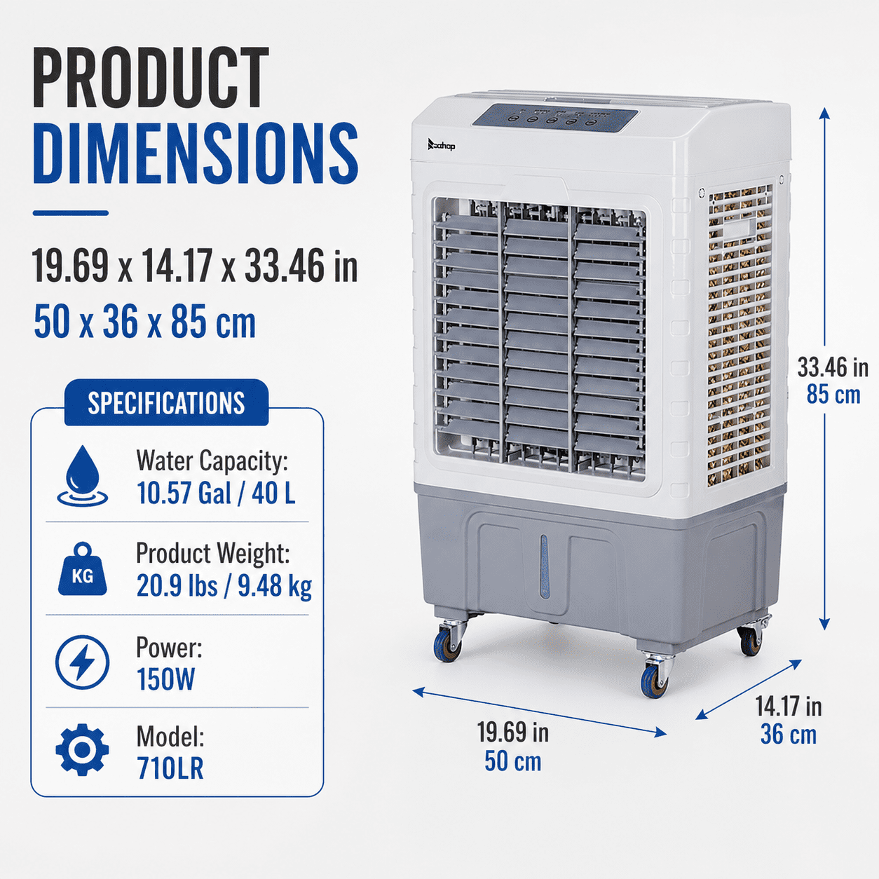 Alvantor 3 in 1 Portable Evaporative Air Cooler, 2647 CFM Swamp Cooler with Remote, 10.57 Gal Tank, 90°Oscillation, Gray and White