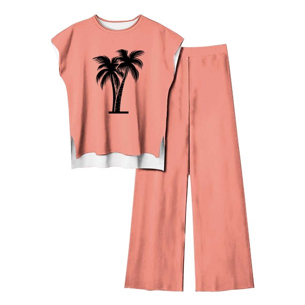Pantalones Casuales sin Mangas Impresos con Cuello Redondo Conjunto Superior, Pantalones Ligeros Mujeres para Primavera Verano