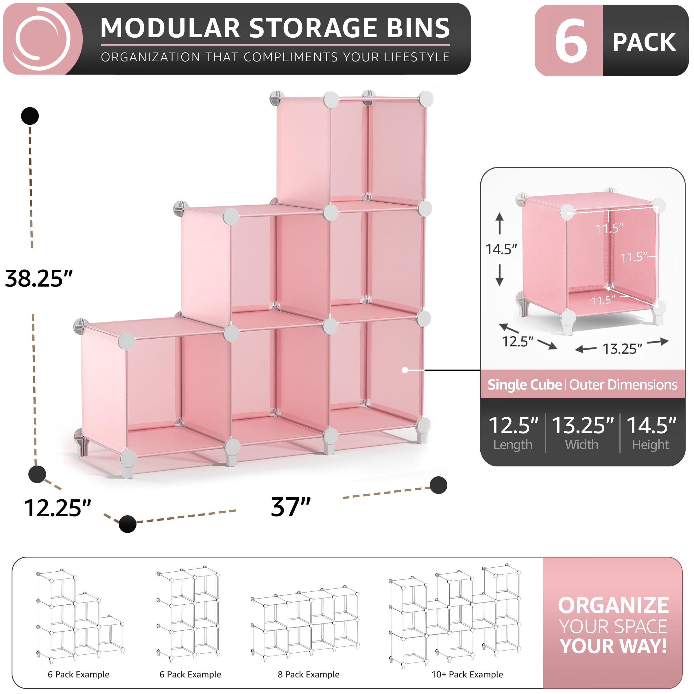Sorbus 6-Cube Storage Organizer, Waterproof Cubby Shelf for Closet & Bedroom, Pink