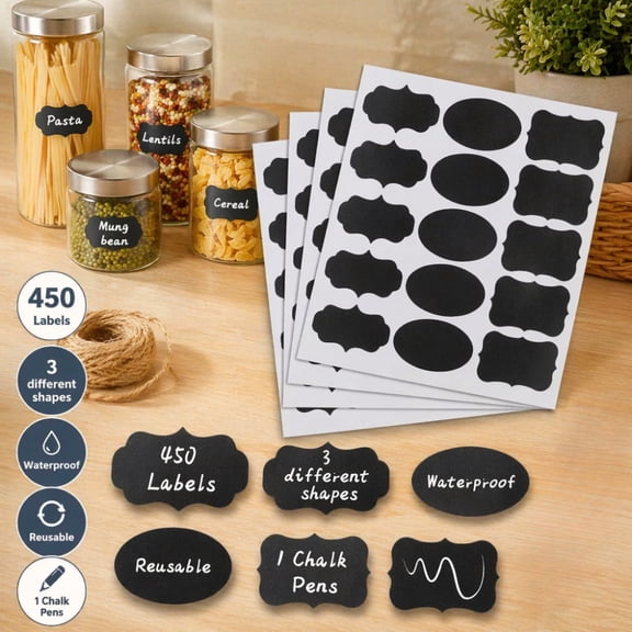 450 Pcs Labels for Jars, Chalkboard Labels for Food Containers, Storage Bins, Reusable Blackboard Stickers with 1 Erasable Chalk Marker (Irregular Shape)